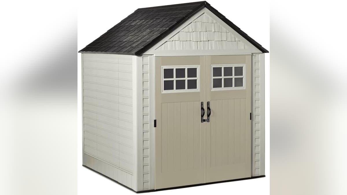 Store all your outdoor equipment in this durable shed. 